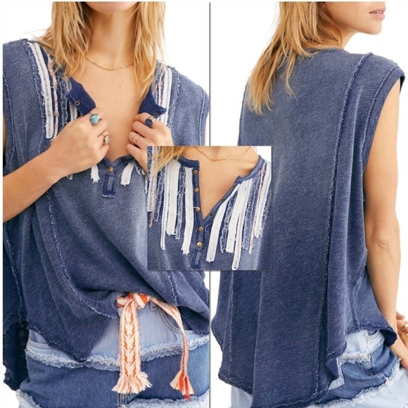 Free People Rustic Fabric Stripe Thermal tank blouse sleeves T-shirt new - Picture 1 of 6